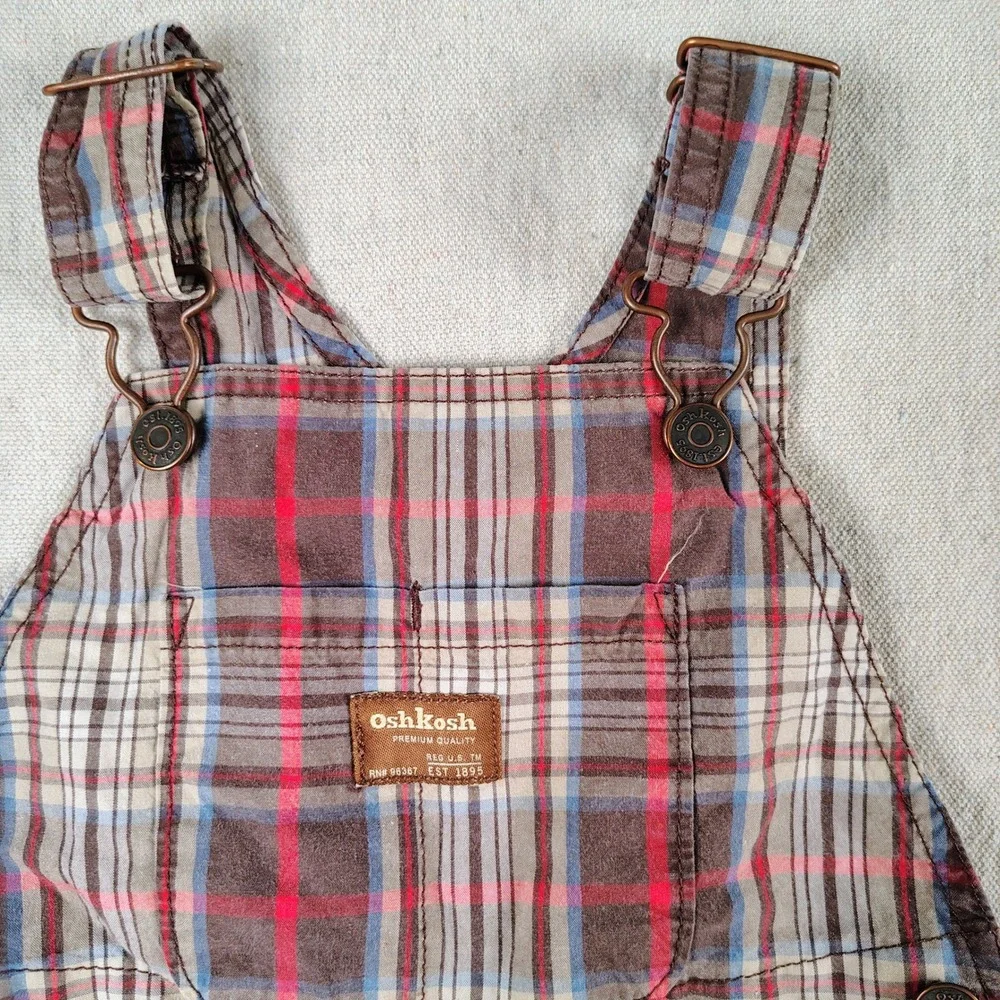 OshKosh Bgosh 24M Plaid Cargo Shortall Overalls Brown Red Blue Cotton